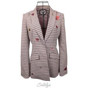 Cinq à Sept Estelle Check Plaid Pink Embroidered Metallic Single Button Blazer 0